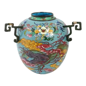 20th Century Large Japanese Cloisonne Enamel Green Dragon Oil Lamp