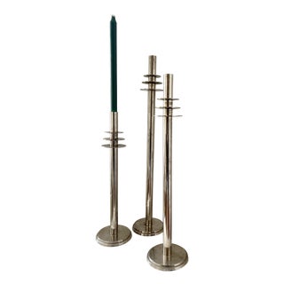 Vintage Art Deco Modernist Chrome Candlesticks, 1930s, Set of 3 For Sale