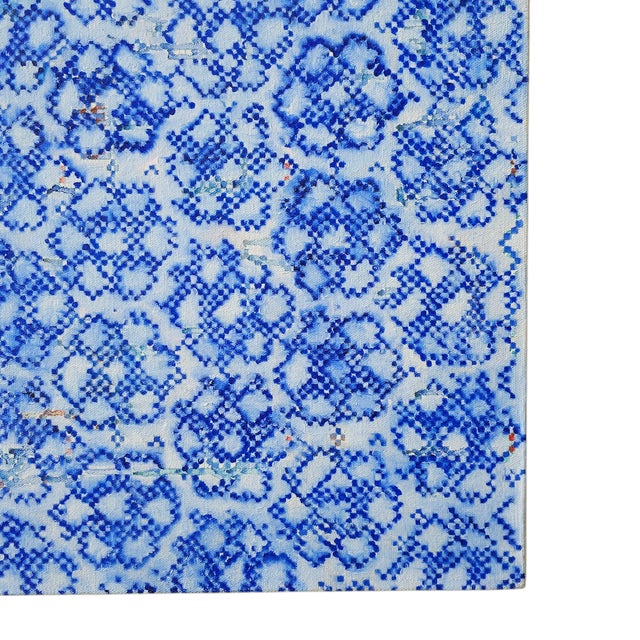 A large, hand-painted abstract original oil on canvas by contemporary artist Kirsten Doyle. This square blue painting...