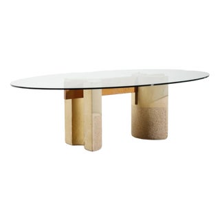 Vintage Dining Table with Oval Glass Top and Wood-Concrete Legs by Giovanni Offredi for Saporiti, 1970s For Sale
