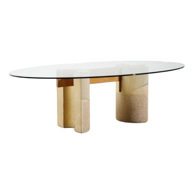 Vintage Dining Table with Oval Glass Top and Wood-Concrete Legs by Giovanni Offredi for Saporiti, 1970s For Sale