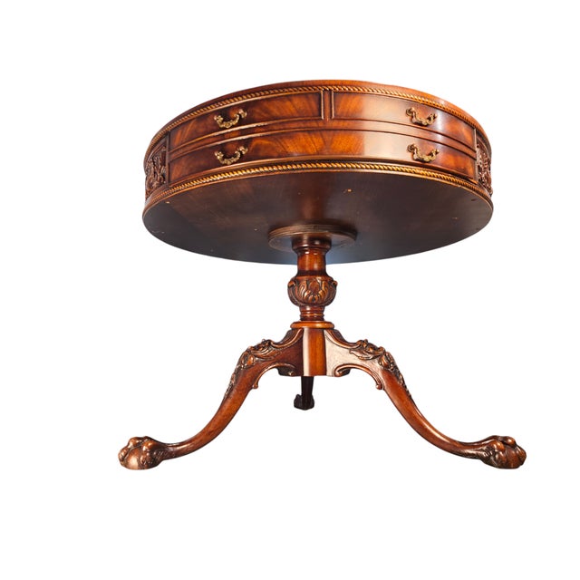 Mid 20th Century Mid-Century Weiman Heirloom Model 5040 Mahogany Gilt-Tooled Leather Drum Table For Sale - Image 5 of 10