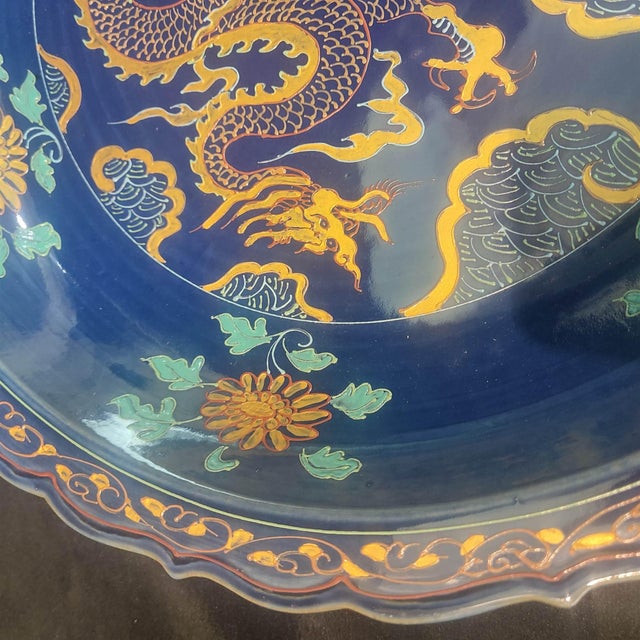Early 20th Century Chinese Ceramic Plate,Zhizheng Marked Blue Ground Golde Drawing Porcelain Plate Hand Painted Dragon Pattern For Sale - Image 4 of 10