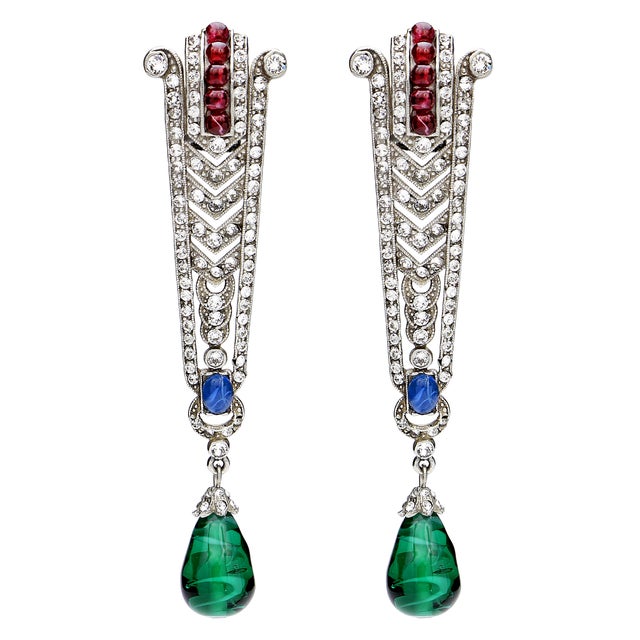 Silver plated drop clip earrings with clear, red and blue crystals and green stones 3" x 1"