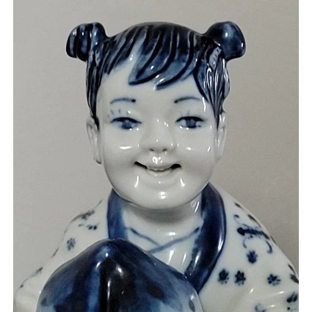 Chinese Blue and White Porcelain Chinese Girl Holding Peach Figurine For Sale - Image 3 of 6