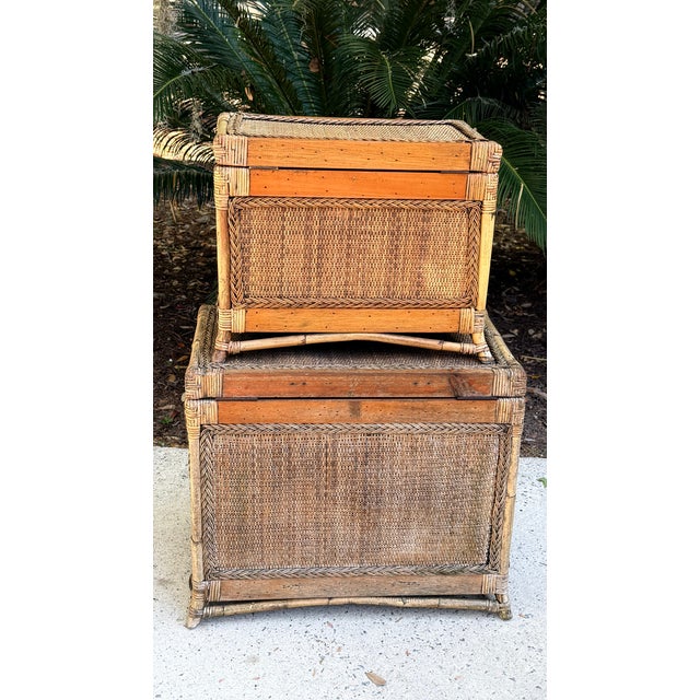 Wood Pair Shabby Chic Rattan Trunks, Large and Small For Sale - Image 7 of 16