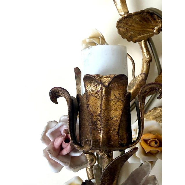 Vintage Italian Mirrored Gilt Metal and Porcelain Rose Sconces, 1940s, Set of 2 For Sale - Image 13 of 18
