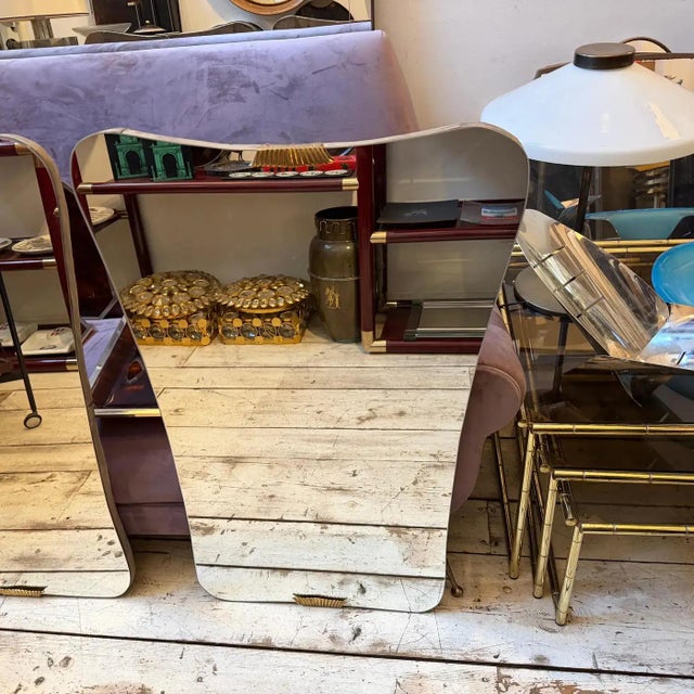 Two 1950s Gio Ponti Style Mid-Century Modern Wood and Brass Wall Mirrors For Sale - Image 12 of 18