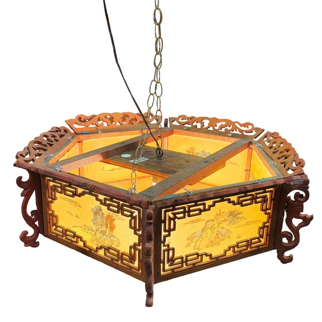 1950s Mid-Century Carved Chinese Rosewood Painted Lantern Hanging Chandelier Lamp For Sale - Image 10 of 14