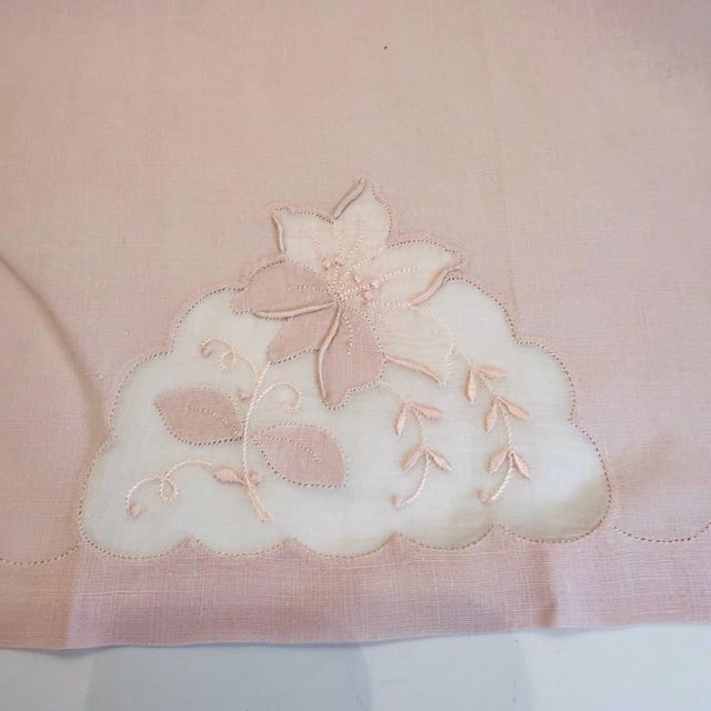 Three Vintage Pale Pale Pink Madeira Linen & Organza Fingertip Towels For Sale In Los Angeles - Image 6 of 7