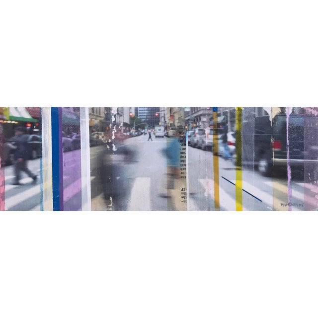 Crosswalk by Justin Wheatley | Mixed (photo, collage, acrylic) on panel urban street scene with pedestrians For Sale