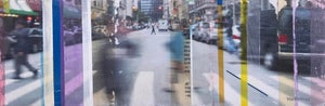 Crosswalk by Justin Wheatley | Mixed (photo, collage, acrylic) on panel urban street scene with pedestrians