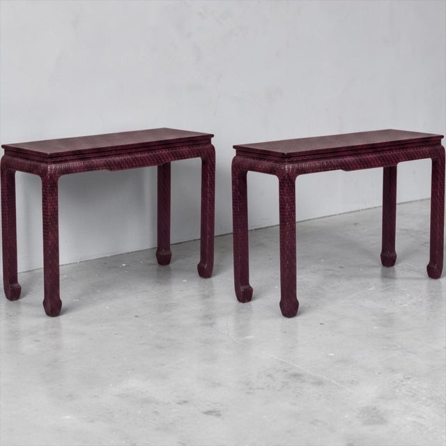 Wood Asian Modern Grasscloth Wrapped Ming Style Console Tables Att. Baker Furn. - Pair For Sale - Image 7 of 8