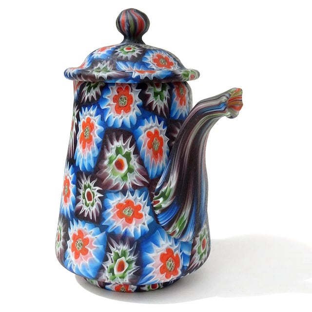 Art Deco Antique Murano Fratelli Toso Millefiori Flower Mosaic Italian Art Glass Teapot Sugar Bowl Cup Saucer Set For Sale - Image 3 of 6
