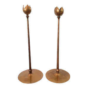 Brass Arts Crafts Tall Tulip Candlesticks in Style of Jarvie