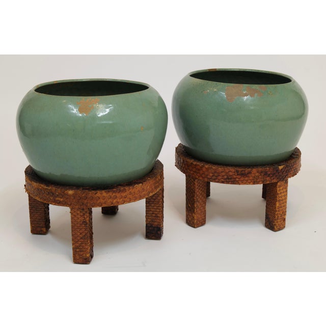 Pair of Vintage Mint Green Ceramic Planters on Wrapped Wood Stands For Sale - Image 10 of 17