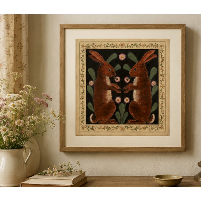 Atelier Aria Lumae Arts and Crafts Symmetrical Hares Folklore Fine Art Gallery Board Print With Integrated Floral Border Design 18 X 18 For Sale - Image 11 of 17