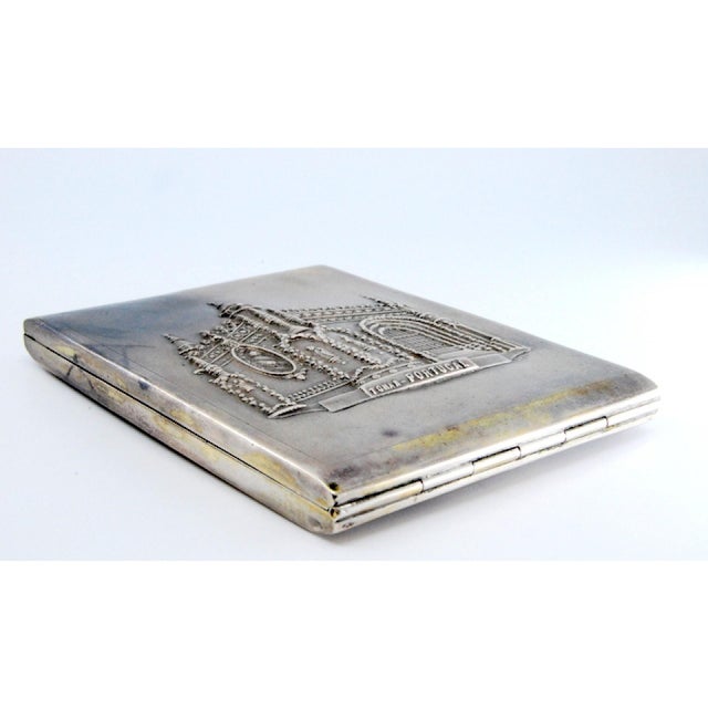 Matte Silver Cigarette Case with High Relief Depicting the Monastery of Tomar and a Hinged Lid. For Sale - Image 6 of 7