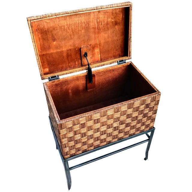 Wood Crosshatched Wicker Reed Wrapped Hinge Lidded Keepsake Box on Metal Stand - 3 Pc Set For Sale - Image 7 of 11
