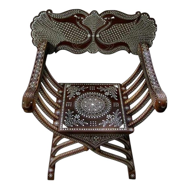Indian Rosewood Royal Peacock Chair with Intricate White Inlay For Sale