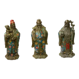 Vintage Metal Blue Yellow Enamel Cloisonné Fok Lok Shou Statue Set