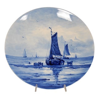 Large Blue and White Wall Plate with Handpainted Seascape after Mesdag from Royal Delft, 1960s For Sale