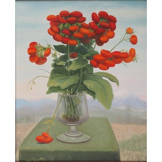André Quellier, Red Bouquet: The Limestones and the Mountain, Oil on Panel, Framed For Sale