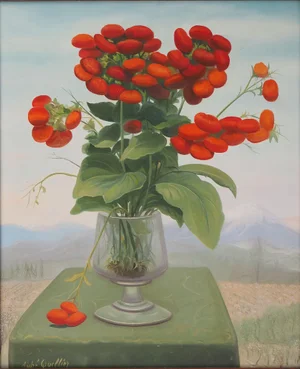 André Quellier, Red Bouquet: The Limestones and the Mountain, Oil on Panel, Framed