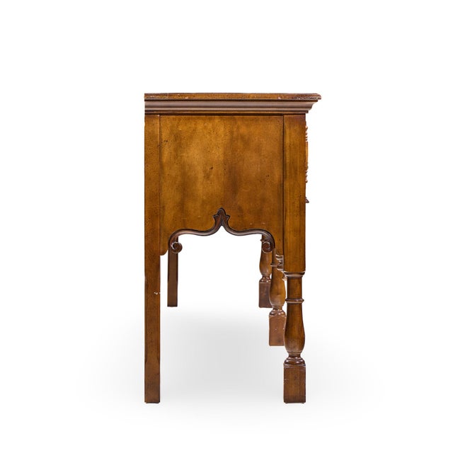 Baker Furniture Company Baker Furniture Jacobean Style Oak, Burlwood and Brass Console Table Credenza For Sale - Image 4 of 8