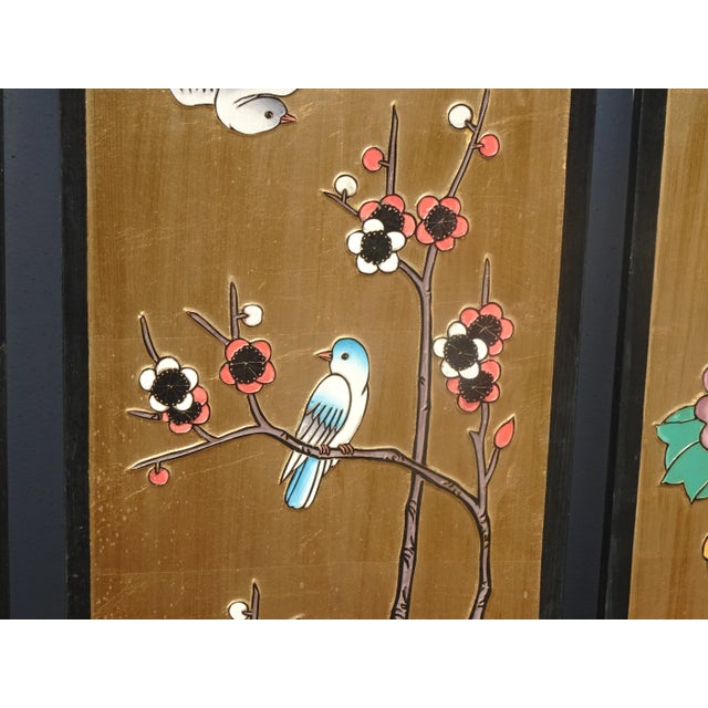 Vintage 1940s Oriental Asian Coromandel Chinoiserie Gold Four Panel Screen with Floral Bird For Sale - Image 10 of 13