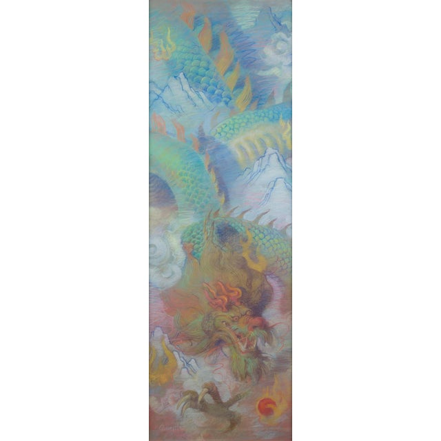 Dragon by Quang Ho | Pastel on paper depicting a colorful dragon among clouds and mountains. For Sale