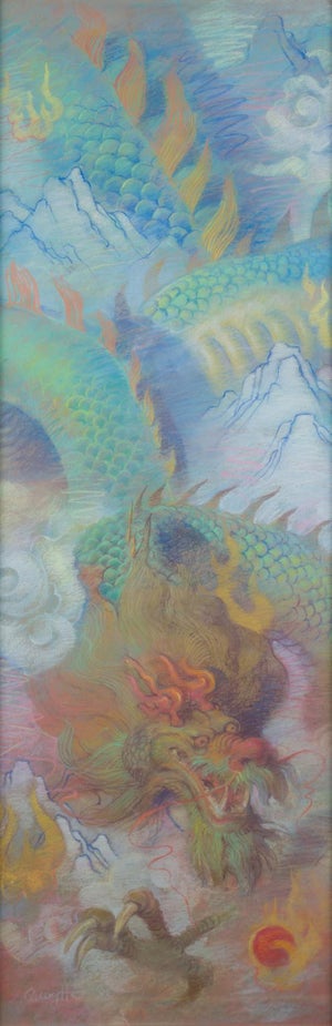 Dragon by Quang Ho | Pastel on paper depicting a colorful dragon among clouds and mountains.