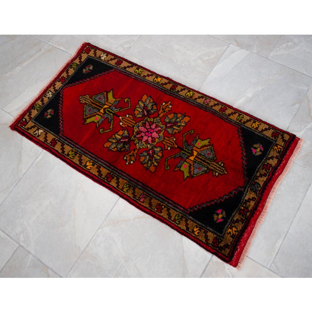 Hand Knotted Small Turkish Rug. Organic Wool 1960's Entryway Decor DoorMat, Accent Rug - 22'' X 42'' For Sale - Image 9 of 12