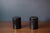 Mid century modern organizing cylinder storage bin with lid, circa 1970's. This unique caddy is wrapped in black leather...