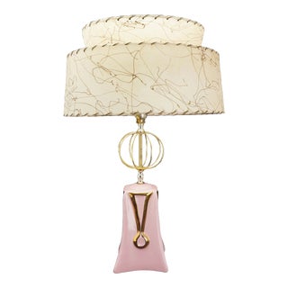 Mid Century Pink Table Lamp With Tiered Fiberglass Shade Circa 1950 For Sale