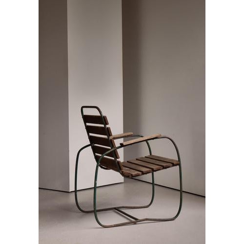 Swedish Iron Garden Armchair with Green Lacquered Wooden Slats, 1930s For Sale - Image 11 of 15