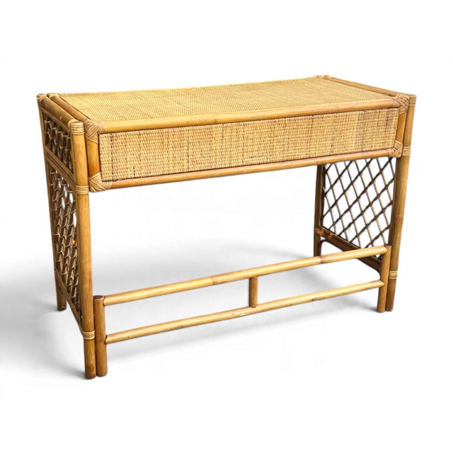 1970s Coastal Rattan Vanity and Writing Desk With Two Storage Drawers For Sale - Image 9 of 11