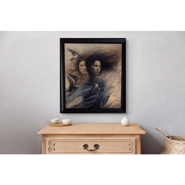 The Weight of Silence by Terra Novak | Oil on wood depicting two women with flowing hair. For Sale - Image 4 of 5