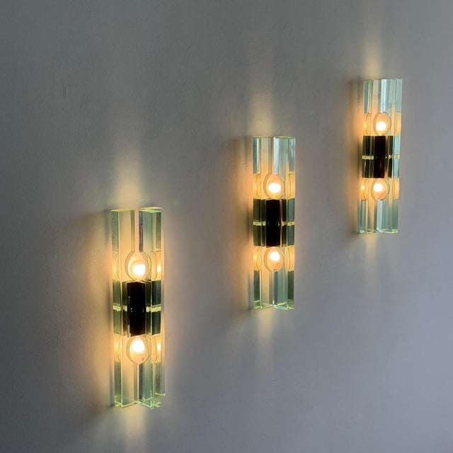 Blue Triple Glass Wall Sconces in Thick Structural Glass from Gallotti & Radice, 1970s, Set of 3 For Sale - Image 8 of 18