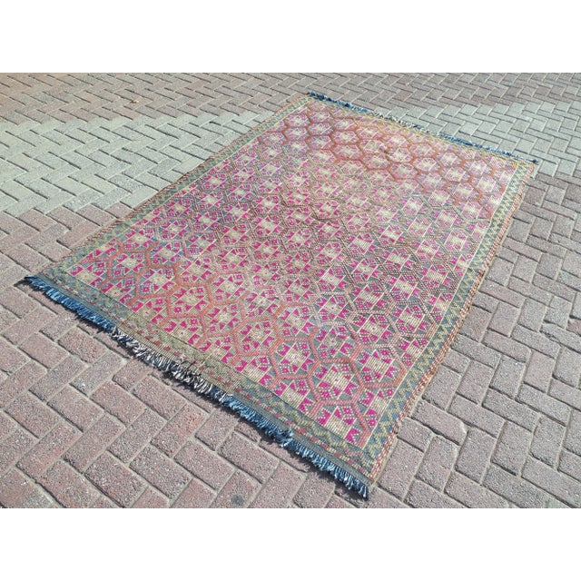 Mid 20th Century Mid 20th Century Vintage Handmade Embroidery Rug Boho Pink Turkish Kilim For Sale - Image 5 of 13