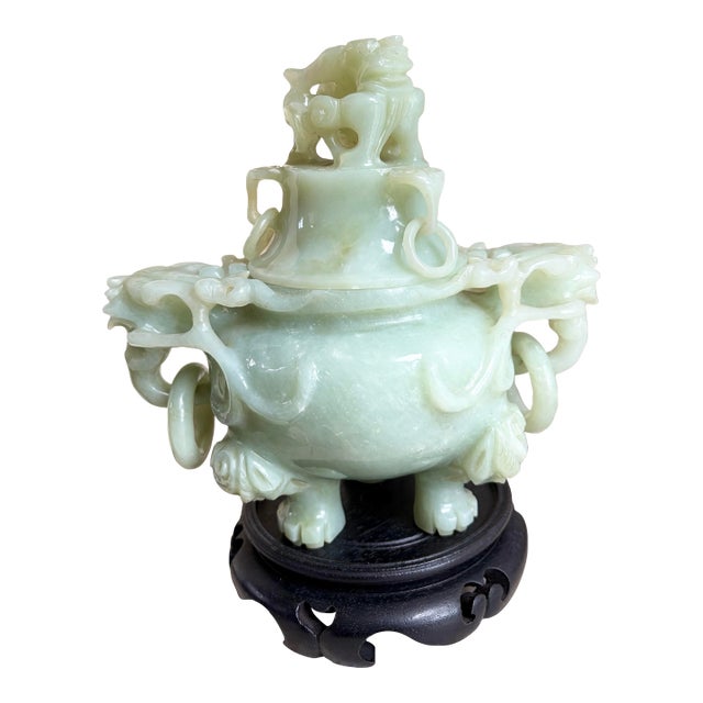 Antique Chinese Qing Dynasty Celadon Jade Incense Burner With Stand & Case 1910 For Sale