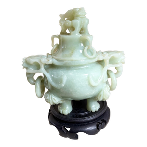 Antique Chinese Qing Dynasty Celadon Jade Incense Burner With Stand & Case 1910