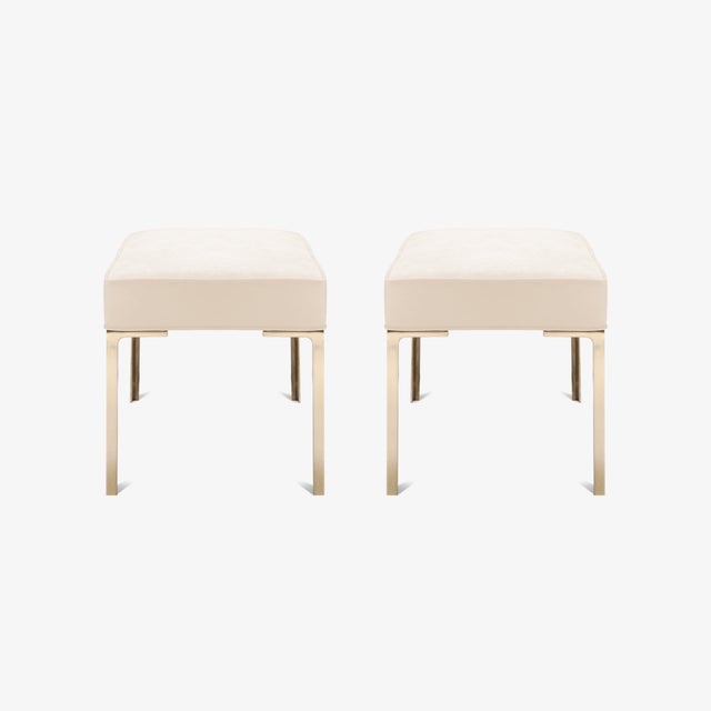 Montage Astor Brass Ottomans in Bone Ultrasuede by Montage, Pair For Sale - Image 4 of 6