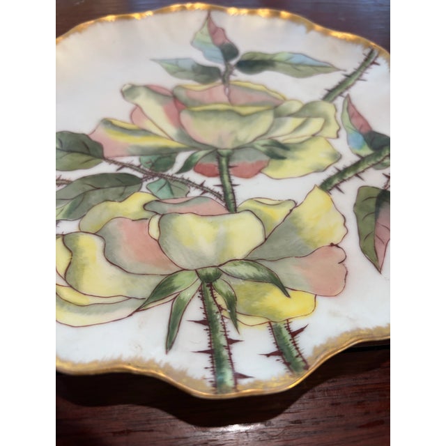 Limoges, France Antique Limoges Hand Painted Rose Plate With Rose Petal Rim For Sale - Image 4 of 7
