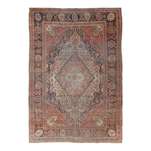 Antique Persian Mohtasham Kashan Carpet, Traditional, Ivory, Blue, Green, Reds