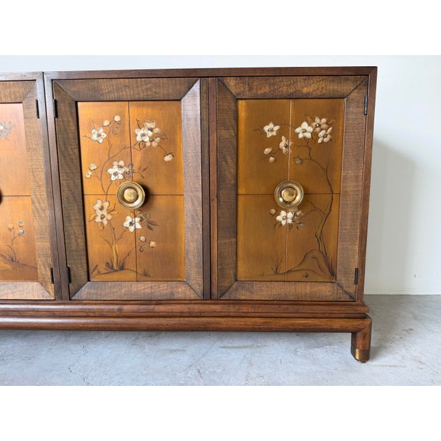Vintage Renzo Rutili-Style Asian Inspired Walnut Sideboard With Hand-Painted Floral Doors For Sale - Image 4 of 12
