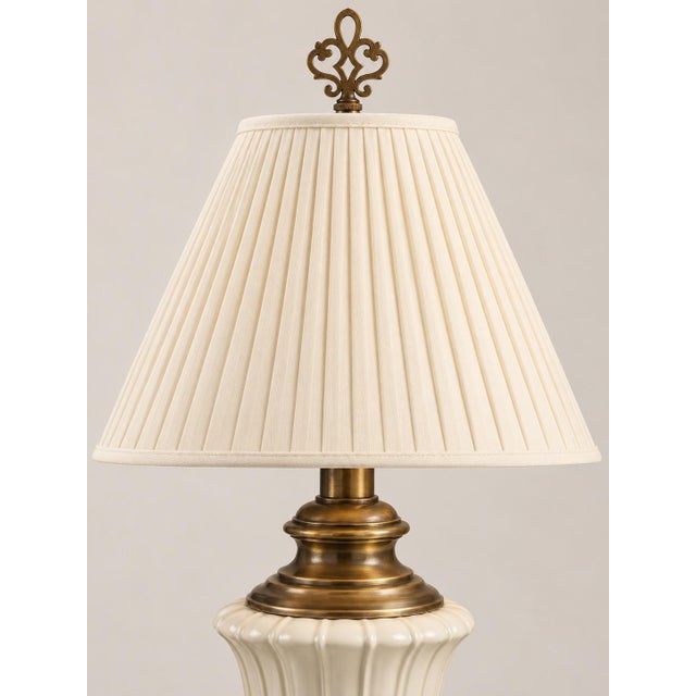Vintage Neoclassical Cream Ceramic Urn Lamps With Pleated Ivory Shades - a Pair For Sale - Image 9 of 12