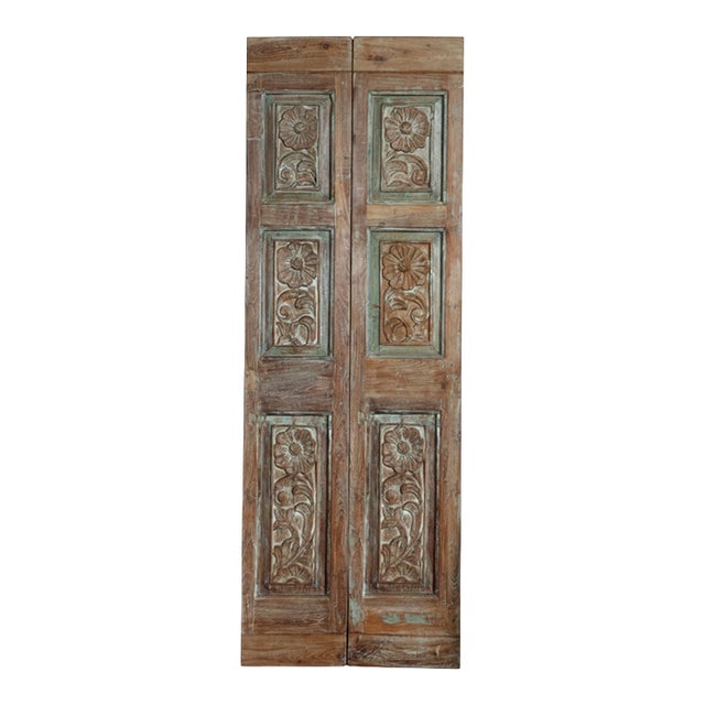 Antique Floral Hand-Carved French Double Doors | Custom Rustic Architectural Doors 80x24 For Sale