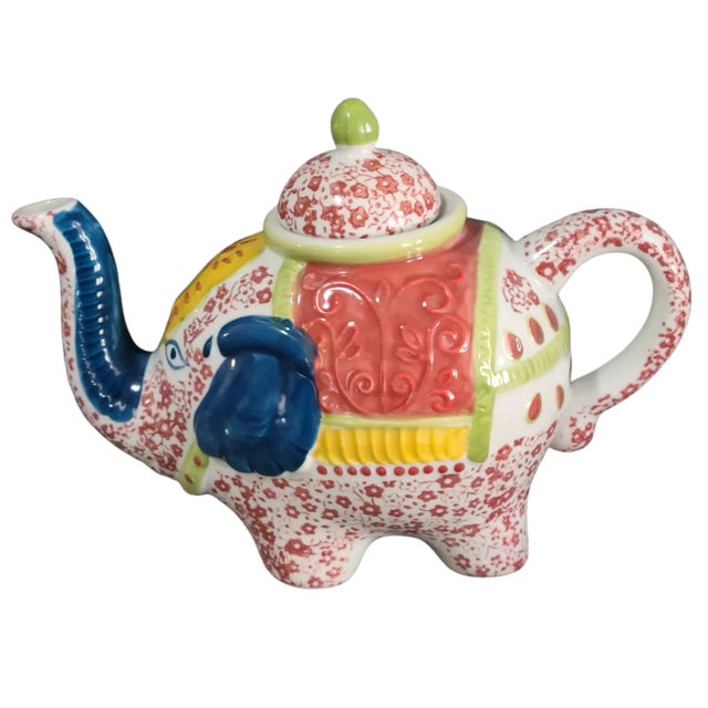 Orange Vintage Hand Painted Colorful Floral Whimsical Lucky Elephant Teapot For Sale - Image 8 of 8