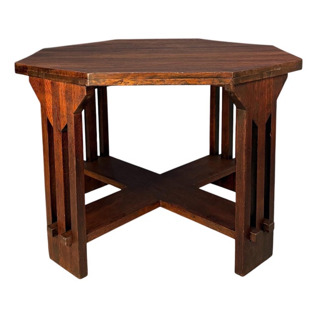 Brooks Mission Oak Octagonal Center Hall Table — Arts & Crafts Slat-Sided For Sale